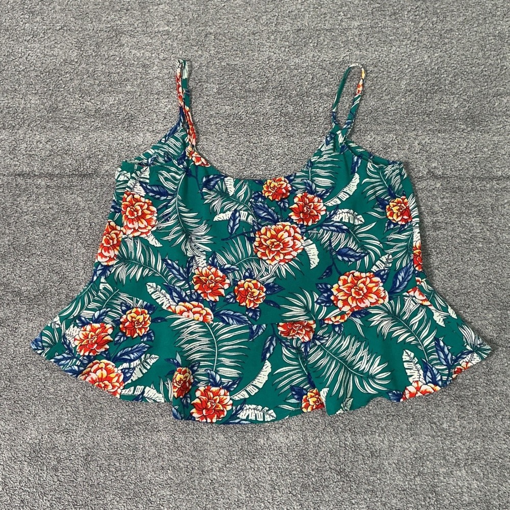 Love & Piece Collective Green Floral Tropical Peplum Tie Back Cami Top Medium